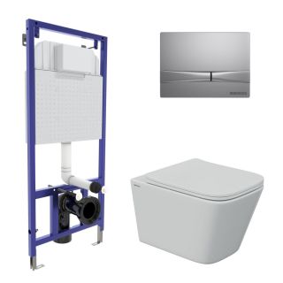 Комплект Berges 4в1 043248: инсталляция NOVUM 525 кнопка F2 матовый хром унитаз FLOE S Rimless сидение дюропласт Floe S Slim SO