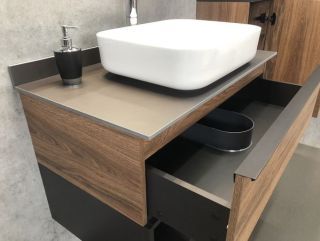 Тумба-умывальник COMFORTY Штутгарт-90 00-00002868, дуб тёмно-коричневый с черной столешницей c раковиной COMFORTY T-Y9378