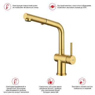 Смеситель для кухни Raglo R86.49.03 с выдвижным изливом золотой сатин