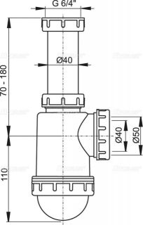 Сифон для мойки AlcaPlast c накидной гайкой 6/4" без штуцера A443-DN50/40
