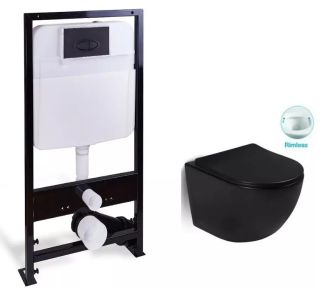 Комплект SantiLine SL-5018MB+SL-03 безободковый чёрный матовый унитаз с сиденьем микролифт и инсталляция с клавишей смыва чёрный матовый