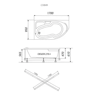 Акриловая ванна Triton София Щ0000046664 левая 170x95 см на Х-каркасе белый