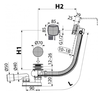 Слив-перелив для ванны AlcaPlast с напуском воды через перелив для ванн с толстыми стенами 57см хром  A565CRM1