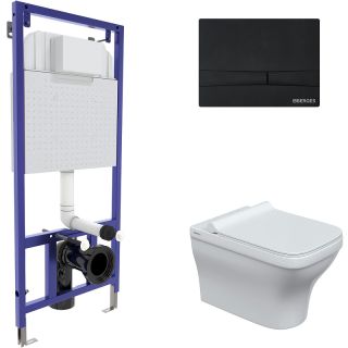 Комплект Berges 4в1 042451: инсталляция NOVUM кнопка F5 SoftTouch чёрная унитаз Strati Rimless сиденье Strati Slim SO