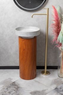 Накладная раковина с пьедесталом золото Armadi Art Sole Corian 801-GR+801-Base-Rwood Amani Grigio/красное дерево