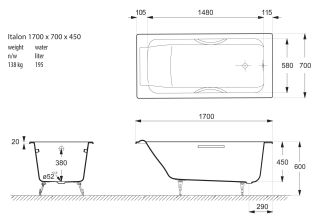 Ванна чугунная Vinsent Veron Italon VIT1707045H 170x70см с отверстиями для ручек
