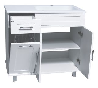 Напольная тумба под раковину Misty Купер 90см правая с бельевой корзиной белый