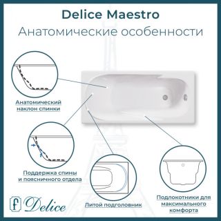 Ванна чугунная Delice Maestro DLR230646R-AS 200х85 с отверстиями под ручки и антискользящим покрытием