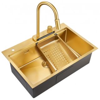 Мойка для кухни Milacio Denia 75 Steel MC.77428 в комплекте со смесителем и коландером брашированное золото