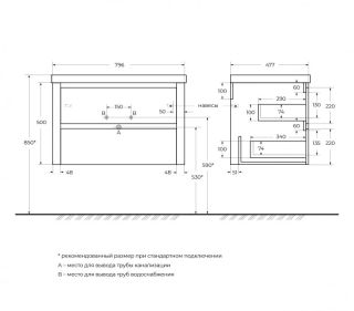 База под раковину Cezares подвесная с двумя выкатными ящиками, Bianco Lucido, 796x478x500, RELAX-800-2C-SO-BL