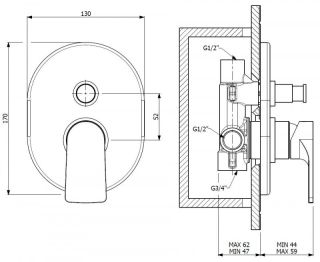Встраиваемый однорычажный смеситель для душа с переключателем на 2 выхода, чёрный матовый Cezares LAGOS-VDIM-NOP