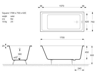 Ванна чугунная Vinsent Veron Square VSQ1707542 170x75см без отверстий для ручек